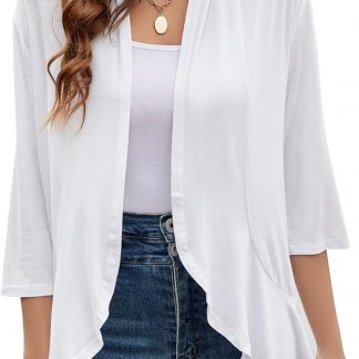 Women Cardigan 3/4 Sleeves Open Front Lightweight Draped image 1