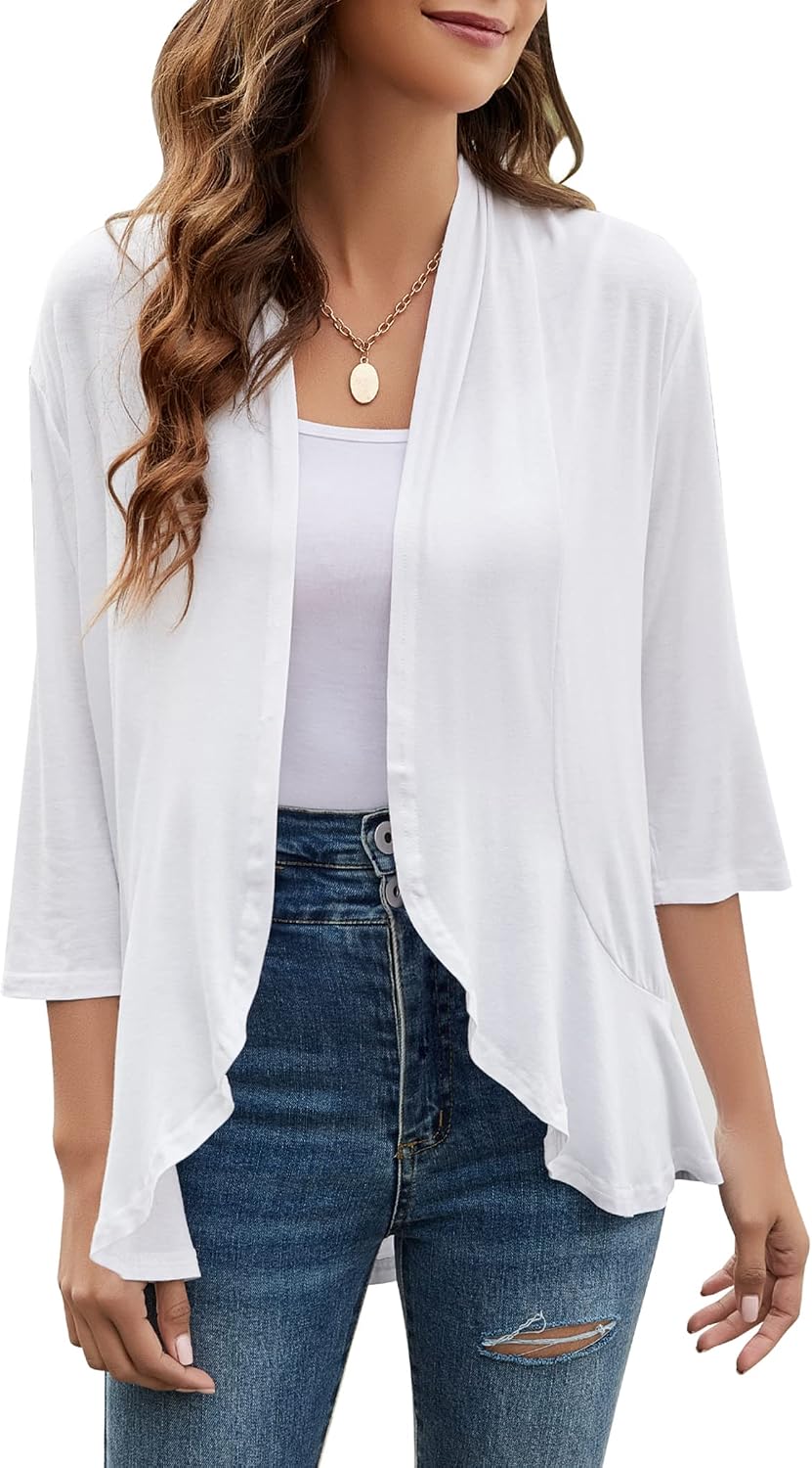 Women Cardigan 3/4 Sleeves Open Front Lightweight Draped image 1